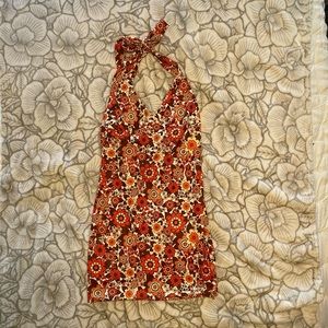 New 70s inspired floral mini halter dress